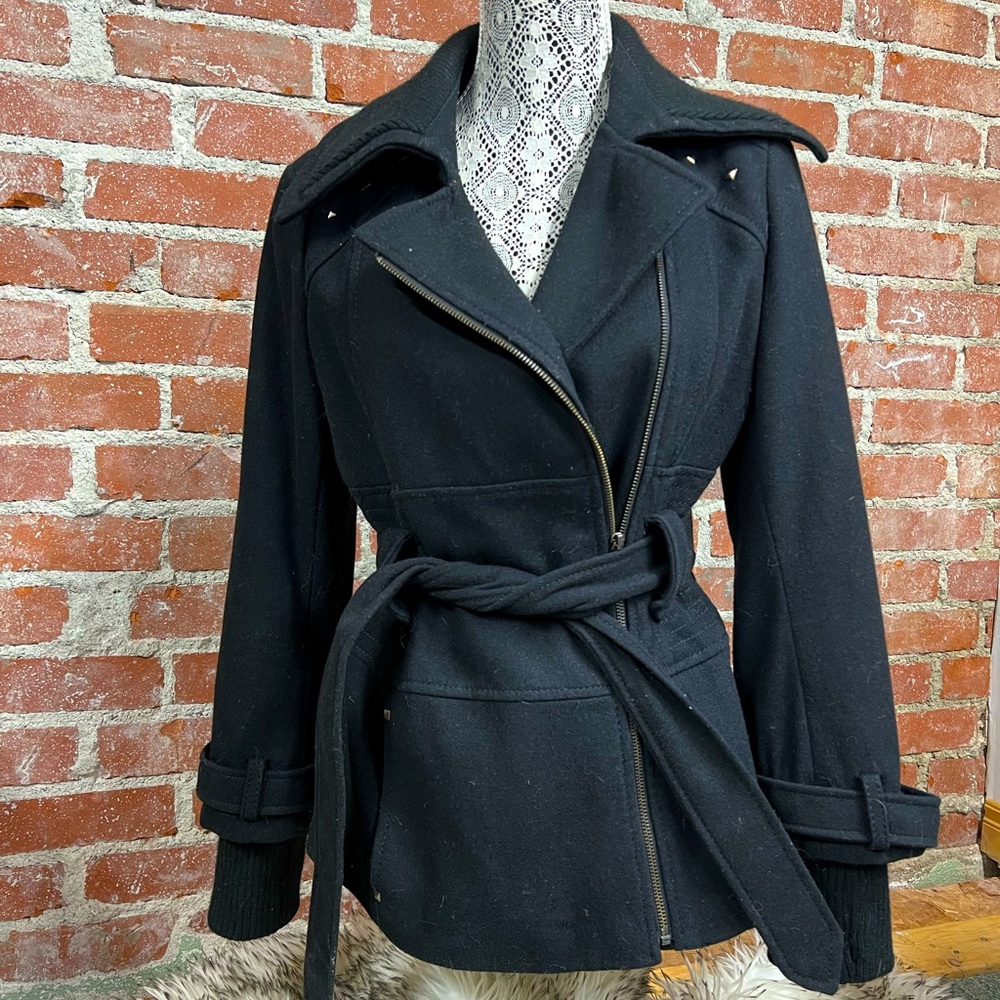 WOOL blend Moto style fall/winter jacket by KENSIE with tie waist black